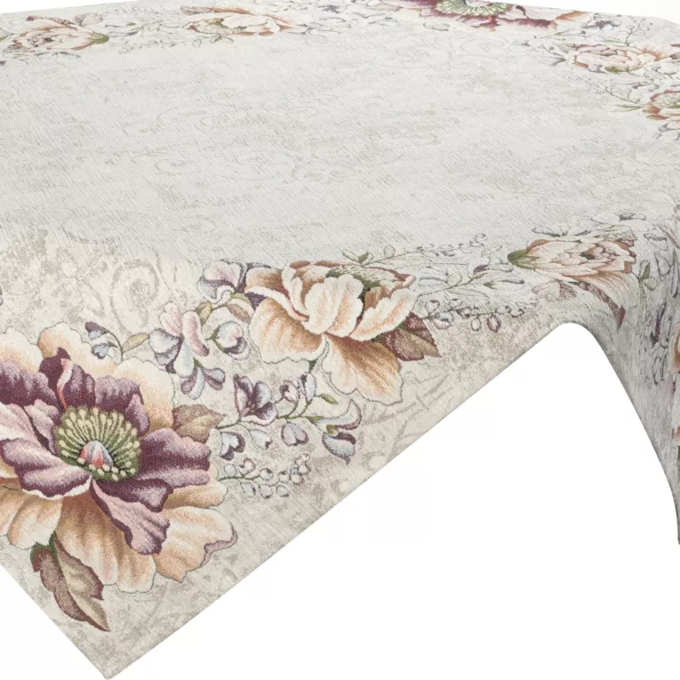 Obrus naturalno, fioletowy 100x100 cm z grubszej tkaniny gobelinowej z nicią szenilową z motywem kwiatów