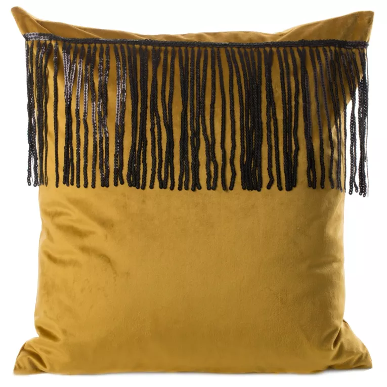 Poszewka na poduszkę 45x45 cm welwetowa z naszywaną dekoracyjną pasmanterią z cekinami miodowa JASPER EUROFIRANY PREMIUM