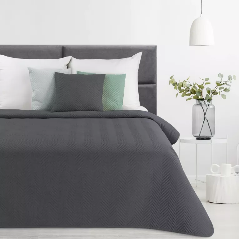 Narzuta z tkaniny o strukturze lnu grafitowa 220x240 cm pikowana w wzór jodełki LEN 3 EUROFIRANY PREMIUM