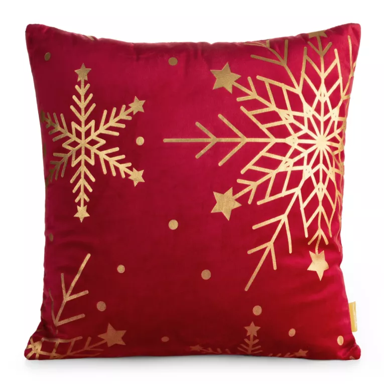 Poszewka na poduszkę świąteczna 45x45 cm  welwetowa czerwona z uroczek nadrukiem szampańskich śnieżynek Eurofirany