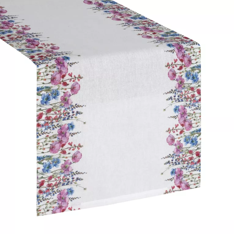 Bieżnik na stół plamoodporny 40x140 cm biało, różowy z motywem wiosennych kwiatów - RUBY Eurofirany