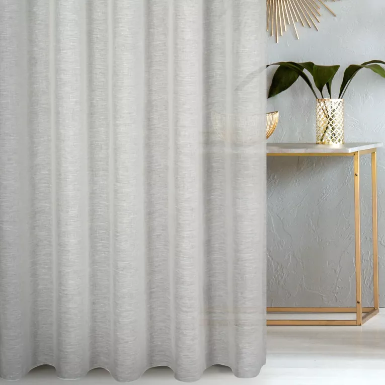 Firana szyta na taśmie fala popielata wykonana z naturalnej lnianej tkaniny, matowa, wykończona obciążnikiem