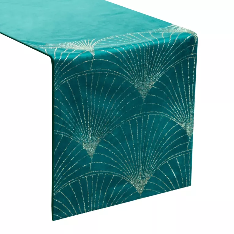 Bieżnik na stół ciemnoturkusowo, złoty 35x220 cm welwetowy BLINK 14 z dużym wzorem wachlarzy w stylu art deco