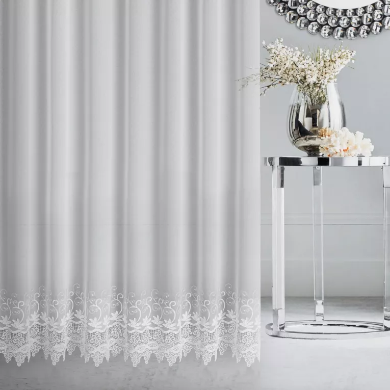 Firana szyta na flexach PALOMA biała elegancka, z aplikacją na markizecie