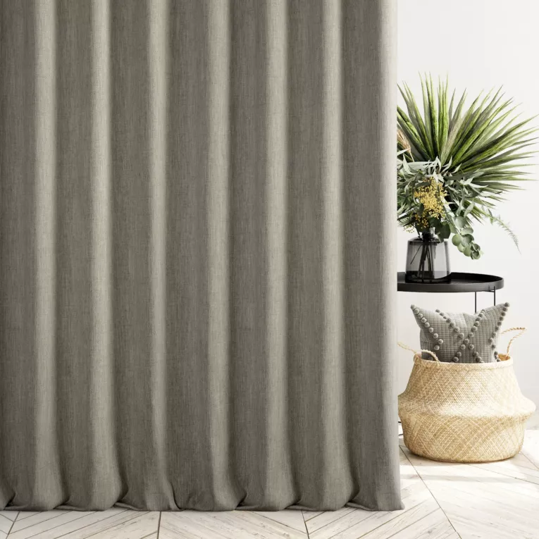 Zasłona szyta na taśmie 5 cm jasnobrązowa z tkaniny o naturalnym splocie z efektem melanżu