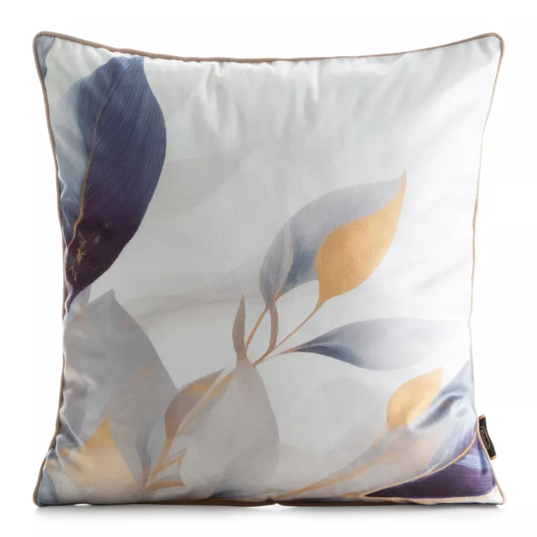 Poszewka na poduszkę 45x45 cm welwetowa zdobiona nadrukiem roślinnym i ozdobną lamówką biało, złota VELVET 173 EUROFIRANY PREMIUM