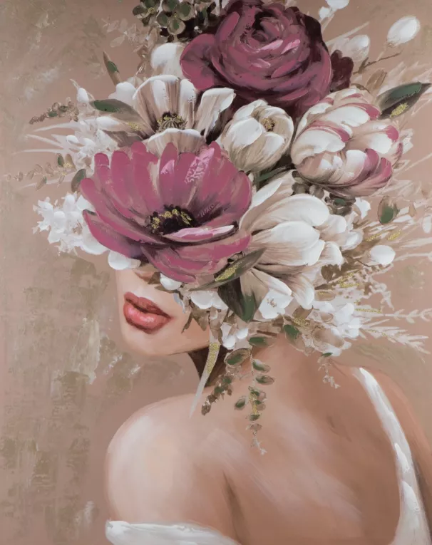 Obraz portret kobiety w nakryciu głowy z kwiatów ręcznie malowany na płótnie Eurofirany