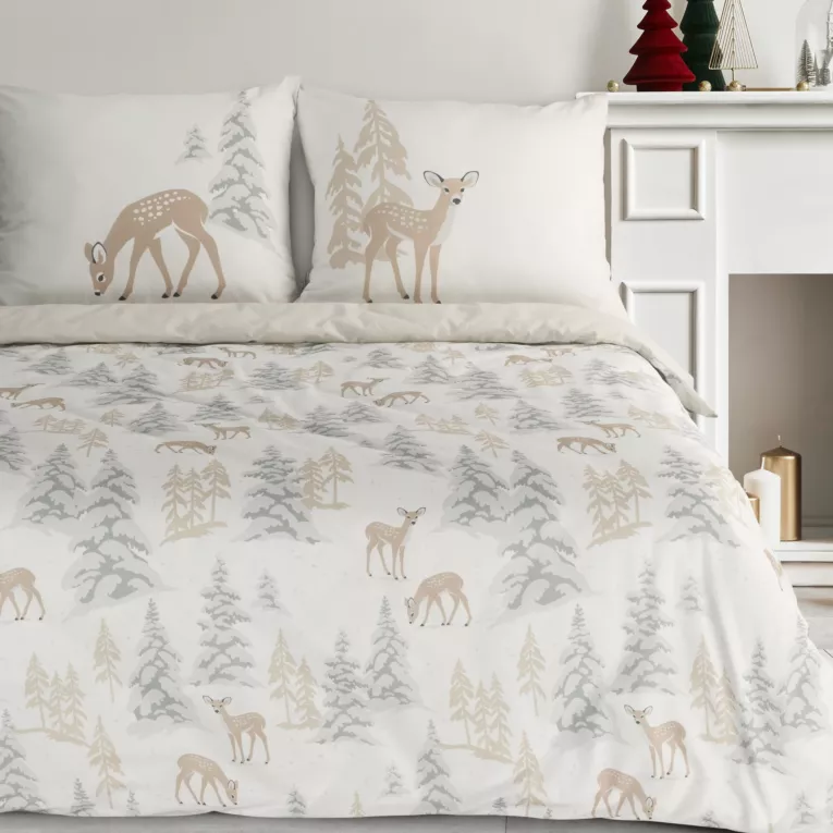 Pościel świąteczna 140x200 cm bawełna ranforce kolor biały, beżowy z nadrukiem sarenek FAWN Eurofirany
