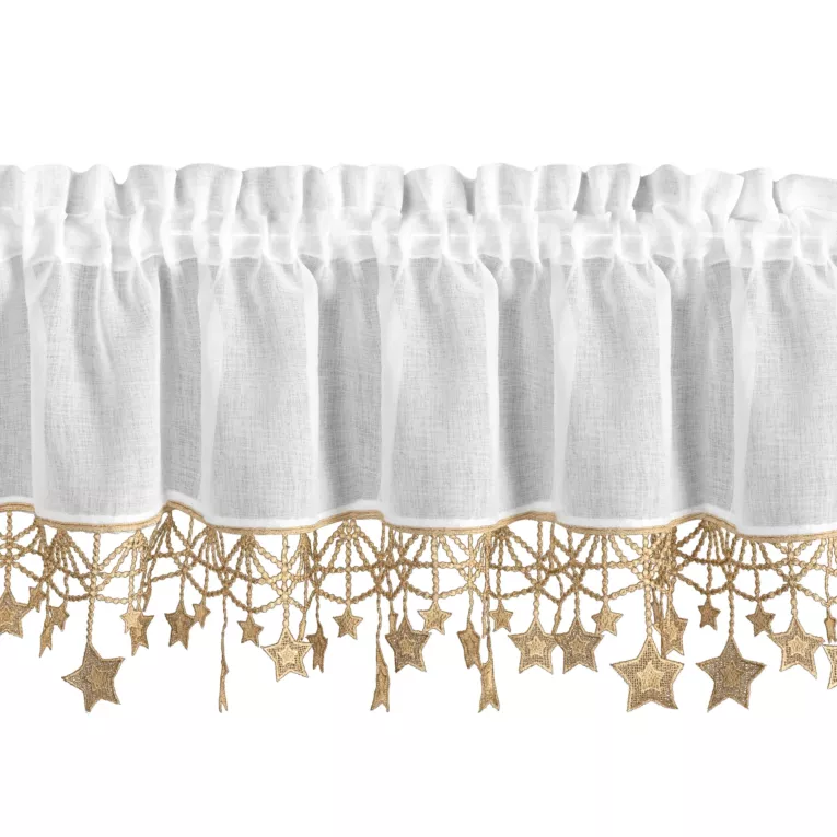 Zazdrostka świąteczna biało, złota z etaminy zdobiona luźno zwisającymi gwiazdkami 30x150 cm tunel - XMAS Eurofirany