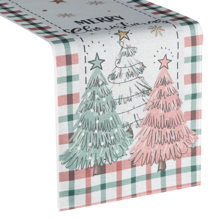 Bieżnik świąteczny na stół 33x183 cm kremowo, zielony zdobiony uroczym nadrukiem Eurofirany