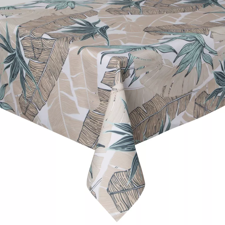 Obrus beżowo, turkusowy 140x220 cm wodoodporny GARDEN na taras oraz balkon z motywem liści bananowca