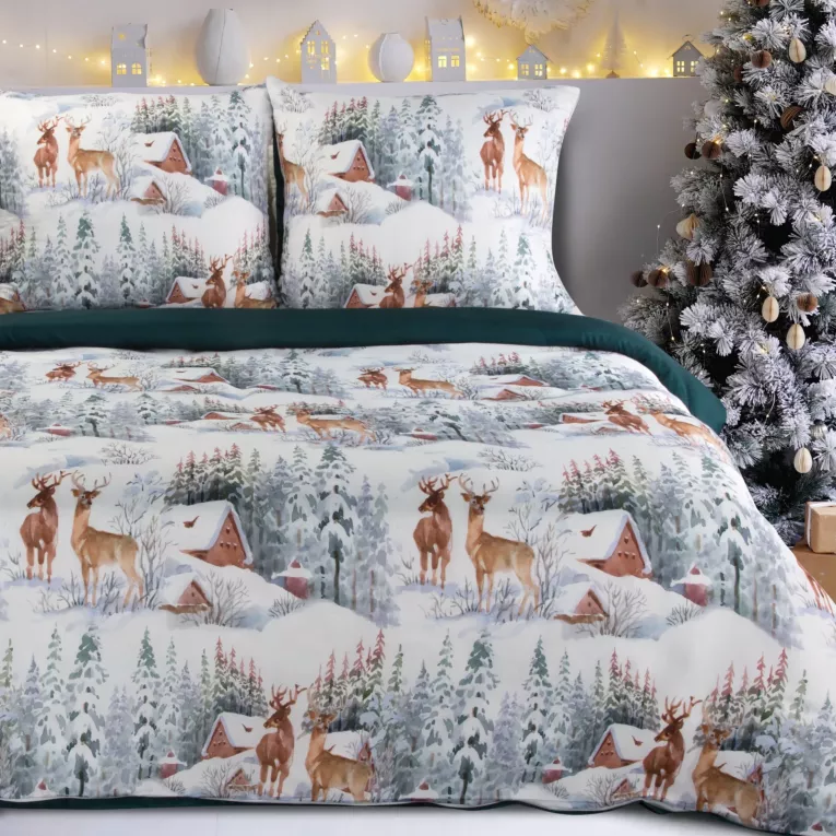 Pościel świąteczna 160x200 cm kolor biały, zielony zdobiona nadrukiem krajobrazu zimowego FAIRYLAND