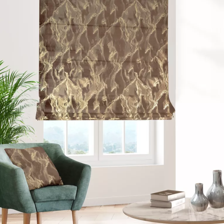Roleta rzymska brązowo złocista z tkaniny welwetowej ze złotym marmurkowym nadrukiem