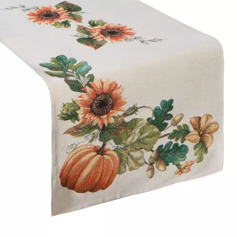Bieżnik na stół naturalno, pomarańczowy 40x100 cm gobelinowy zdobiony motywem słoneczników i dyń