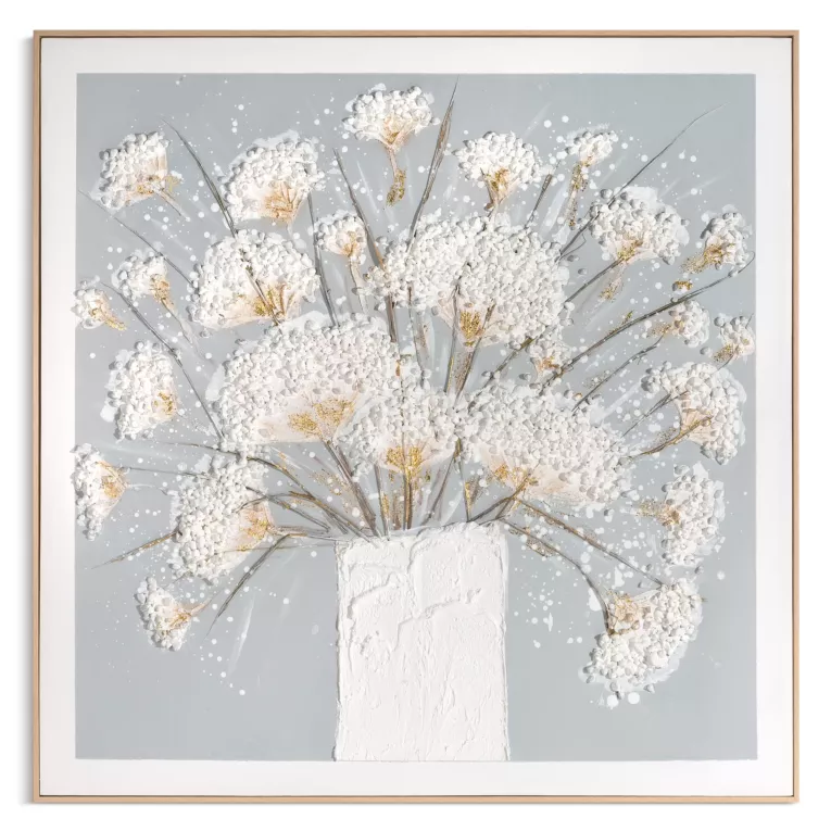 Obraz w kwiaty 3D kremowo, popielaty ręczni malowany na płótnie oprawiony w ramę 102x102 cm Eurofirany