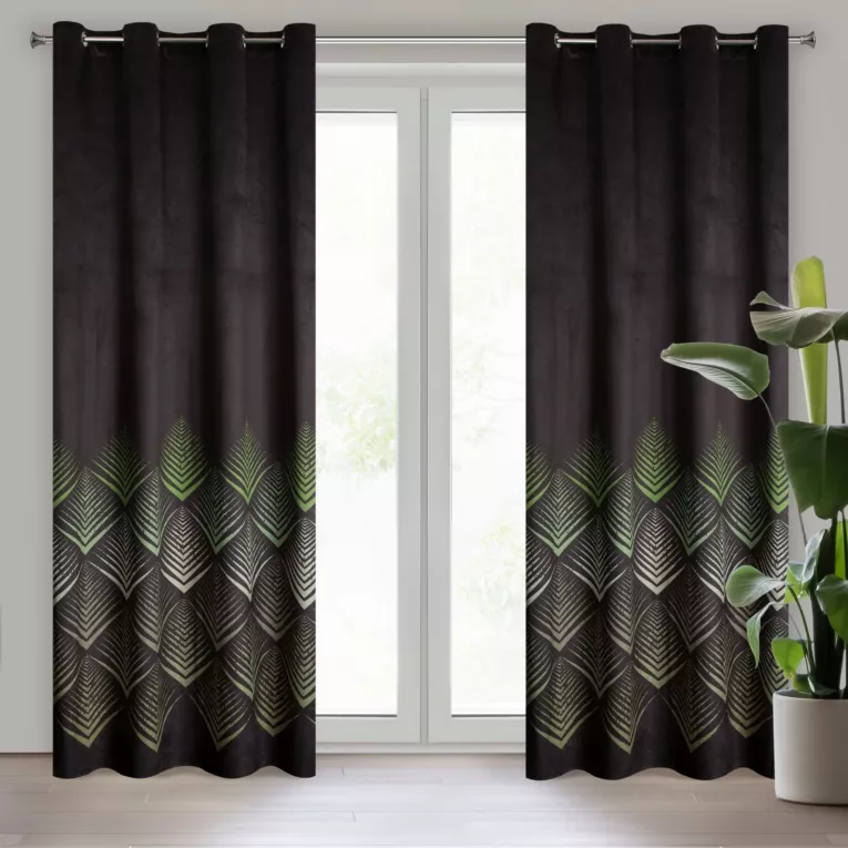 Zasłona czarno, oliwkowa z wzorem geometrycznym z tkaniny welwetowej 140x250 cm przelotka ANGELINA Eurofirany
