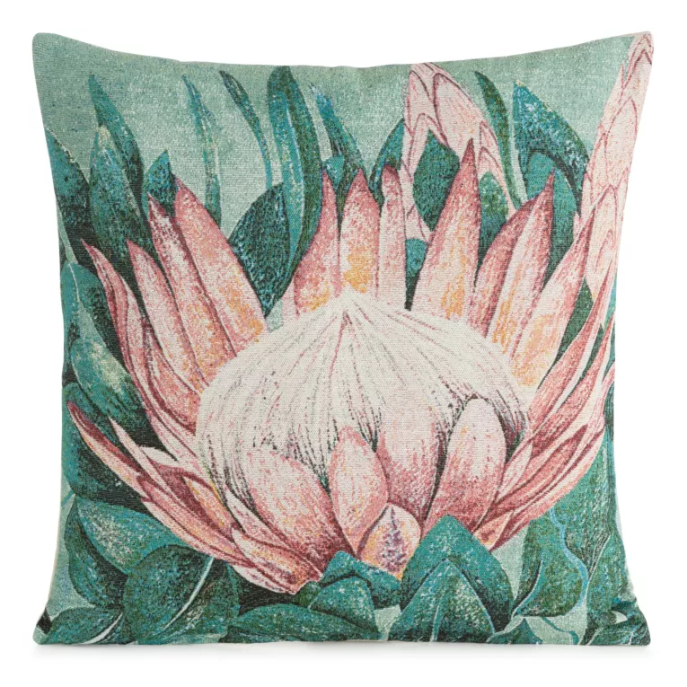 Poszewka na poduszkę 45x45 cm bawełniana, żakardowa z motywem egzotycznej rośliny miętowo, pudrowa GOBELIN Eurofirany