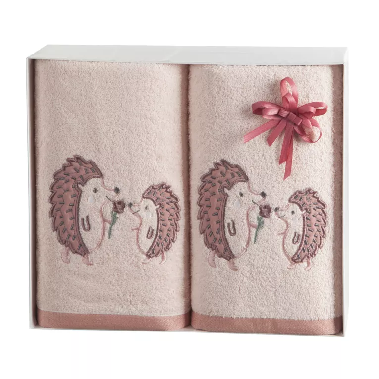 Zestaw ręczników bawełnianych na prezent 1 szt 50x90 cm,1 szt 70x140 cm kolor różowy z uroczym motywem jeży Eurofirany