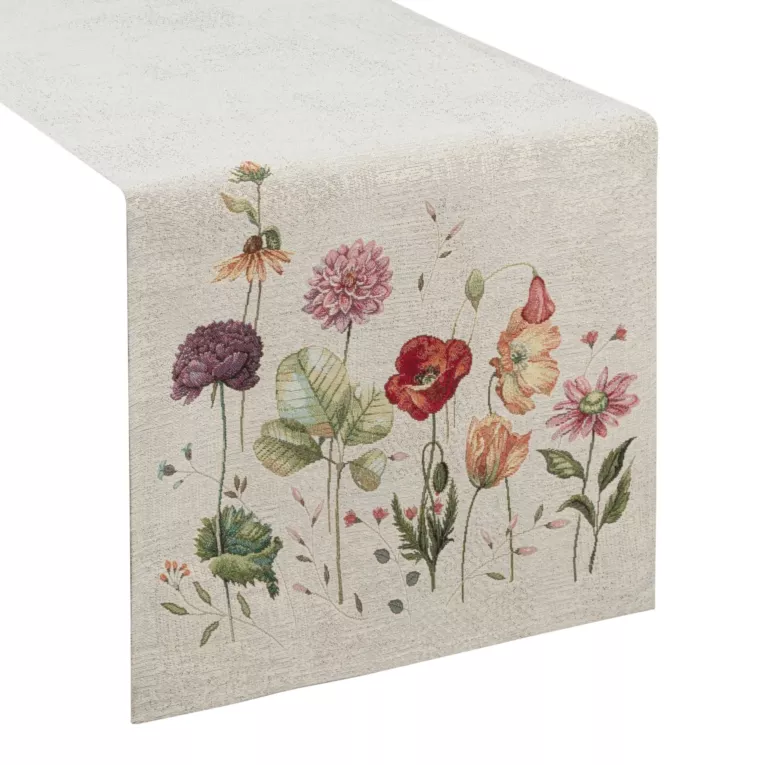 Bieżnik na stół szarobeżowo, czerwony 45x140 cm gobelinowy z motywem letnich kwiatów