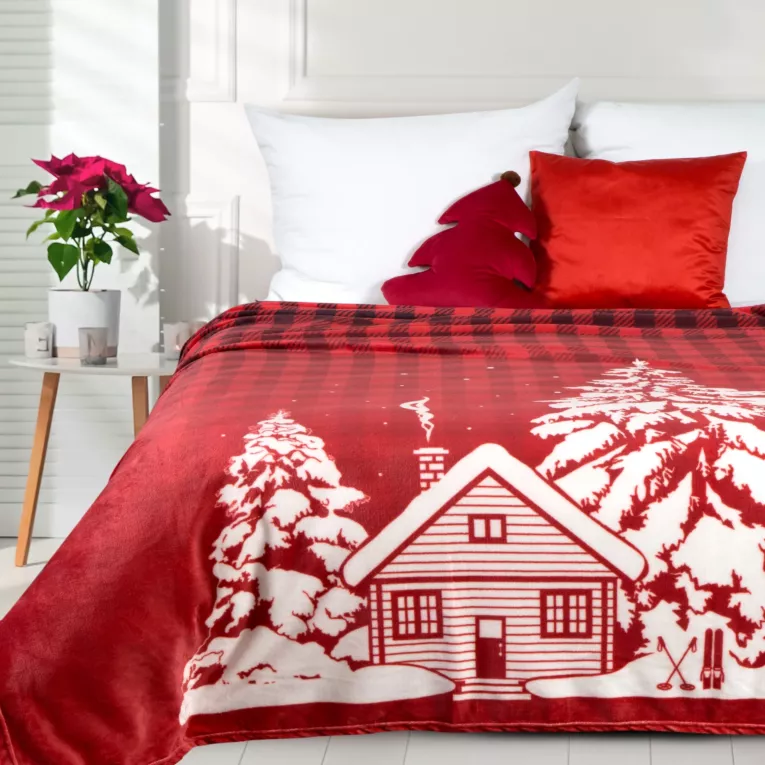 Koc  150x200 cm czerwono, biały świąteczny z motywem domku RUDOLF Eurofirany