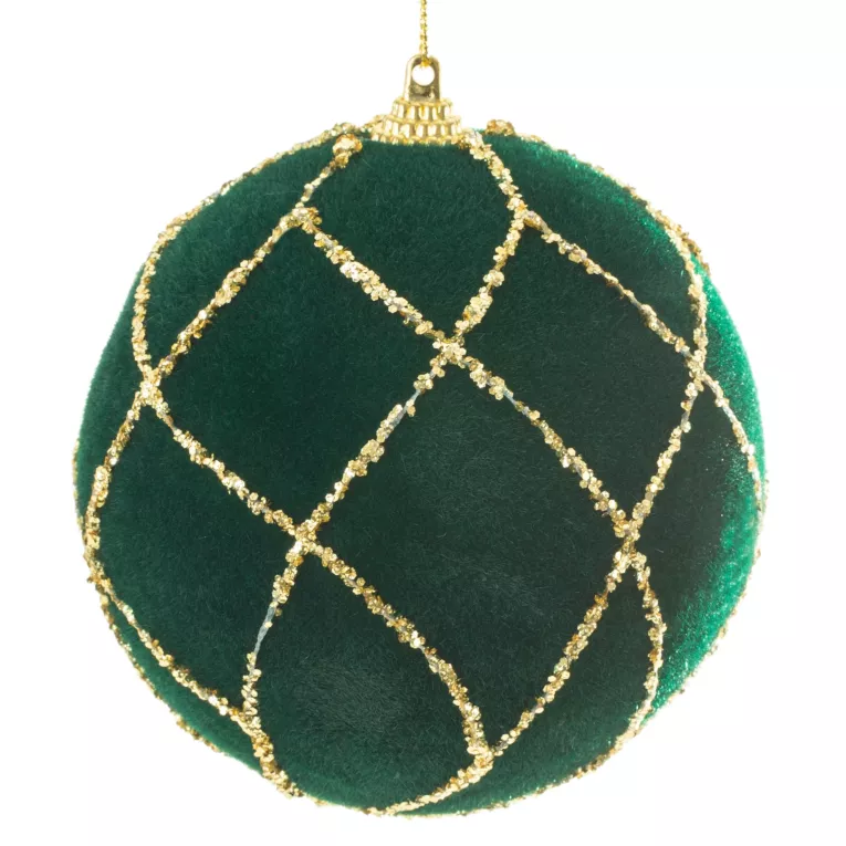 Ciemnozielona bombka choinkowa pokryta welwetem oraz złotym brokatem tworząc wzór geometryczny nietłukąca 10 cm Eurofirany