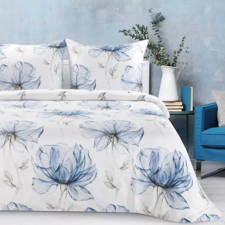 Pościel 220x200 cm bawełniana kolor biały, niebieski z wzorem kwiatowym SPRING 34 Eurofirany