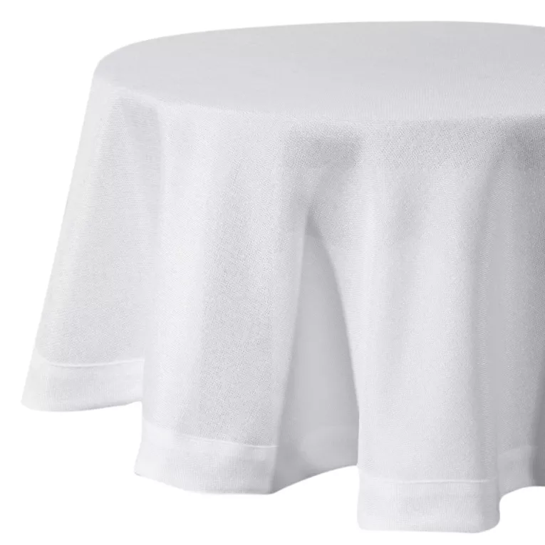 Obrus okrągły biały średnica 180 cm o płóciennym splocie BIANCA 1 z dodatkiem błyszczącej nici wykończony podwójną listwą na brzegach