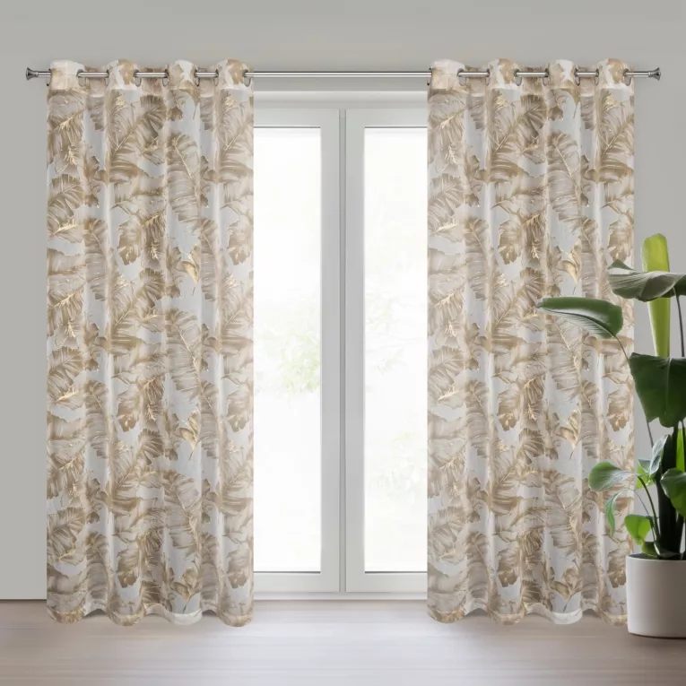 Zasłona beżowo, szampańska z nadrukiem liści z etaminy 140x250 cm przelotka - LAYLA Eurofirany