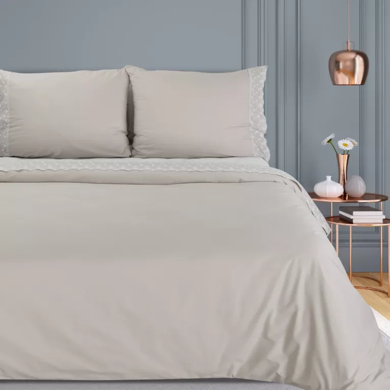Pościel 160x200 cm komplet 3 częściowy bawełniana kolor beżowy z elegancką koronką Reina Line Eurofirany