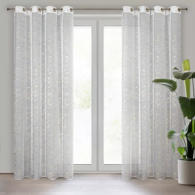 Firana biała z lekkiej etaminy z jasnozłotym marmurkowym nadrukiem 140x250 cm przelotka REVA Eurofirany