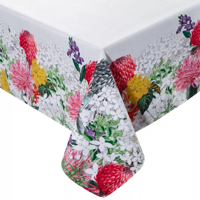 Obrus naturalno, czerwony 140x220 cm SUMMER 3 z nadrukowanym motywem kwitnących kwiatów