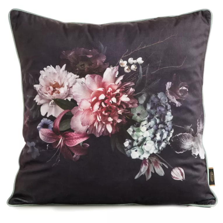 Poszewka na poduszkę 45x45 cm welwetowa, dwustronna z motywem kwiatów z wypustką na brzegach czarno, bordowa VELEVT 137 EUROFIRANY PREMIUM