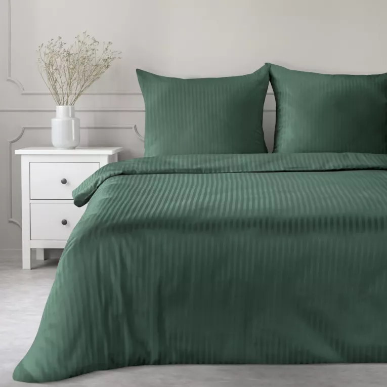Pościel 140x200 cm satyna bawełniana kolor ciemnozielony w drobne prążki VERA Eurofirany