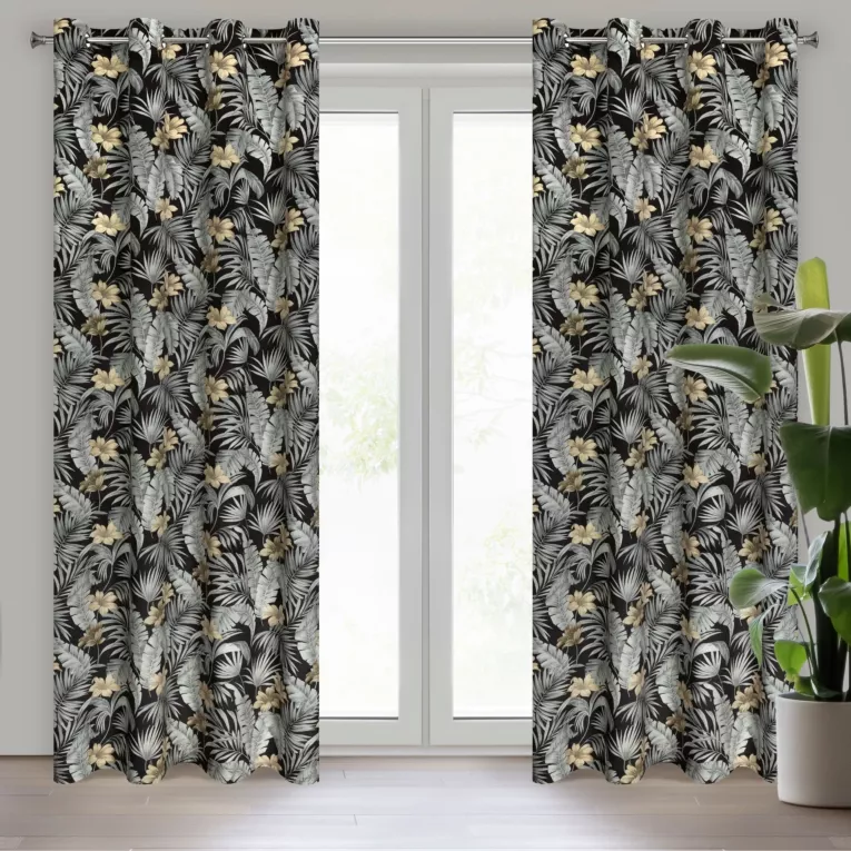 Zasłona czarno, stalowa zdobiona wzorem botanicznym z welwetu 140x250 cm przelotka LOREN Eurofirany