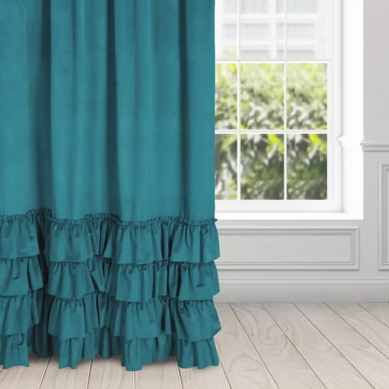 Zasłona ciemnoturkusowa z welwetu zdobiona falbanami 140x250 taśma CHARLOTTE 1 Eurofirany