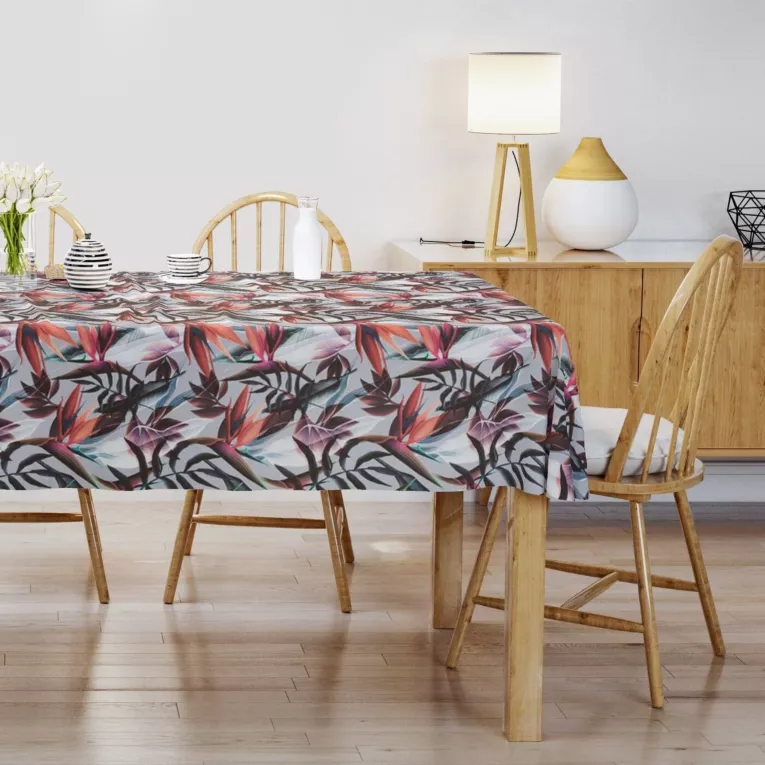 Obrus szyty srebrno pomarańczowy z miękkiej tkaniny drukowanej w kolorowy botaniczny wzór