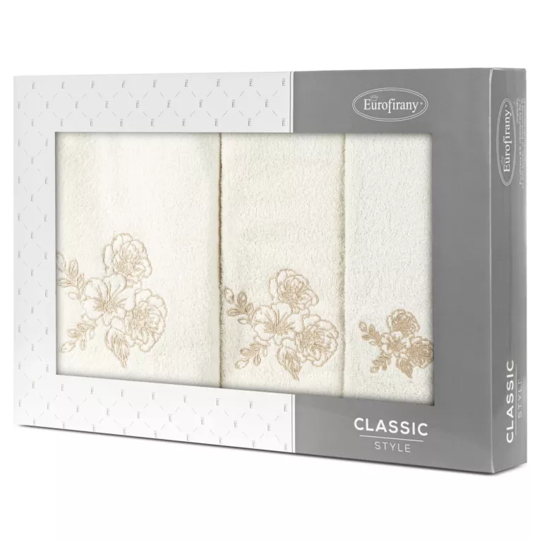 Zestaw ręczników bawełnianych 3 szt kolor kremowy, beżowy z haftem kwiatów 400 g/m2 MELANI Eurofirany