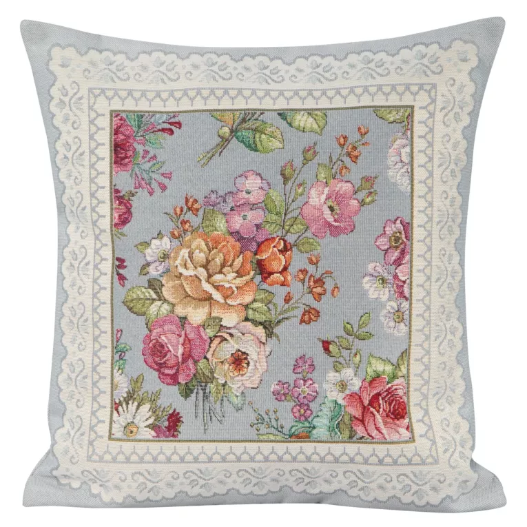 Poszewka na poduszkę 45x45 cm gobelinowa zdobiona tkanym motywem kwiatowym popielato, różowa GOB Eurofirany