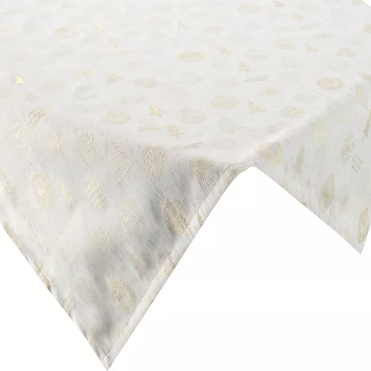 Bieżnik na stół kremowy 85x85 cm z żakardowej tkaniny FLASH z motywem świątecznym przetykany złotą nicią