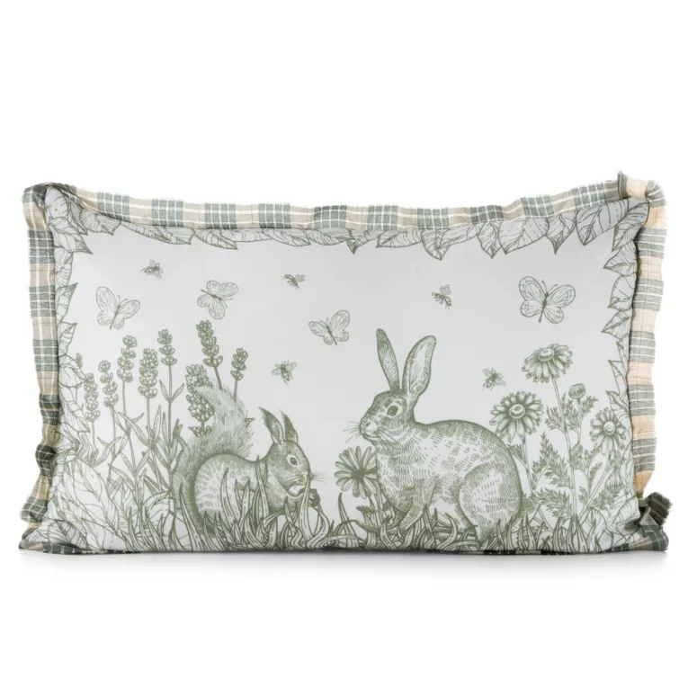 Poszewka na poduszkę 30x50 cm o strukturze lnu zdobiona nadrukiem zajączka kremowo, zielona WIOSNA 60 Eurofirany