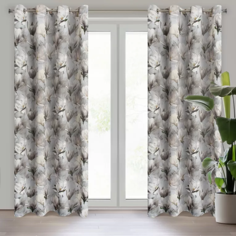 Zasłona ciemnobeżowa LARI z nadrukiem kwitnących magnolii Eurofirany