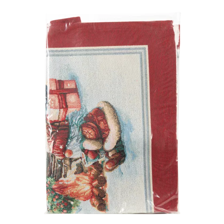 Bieżnik czerwono, naturalny 40x100 cm gobelinowy z motywem mikołaja w zimowej scenerii Eurofirany