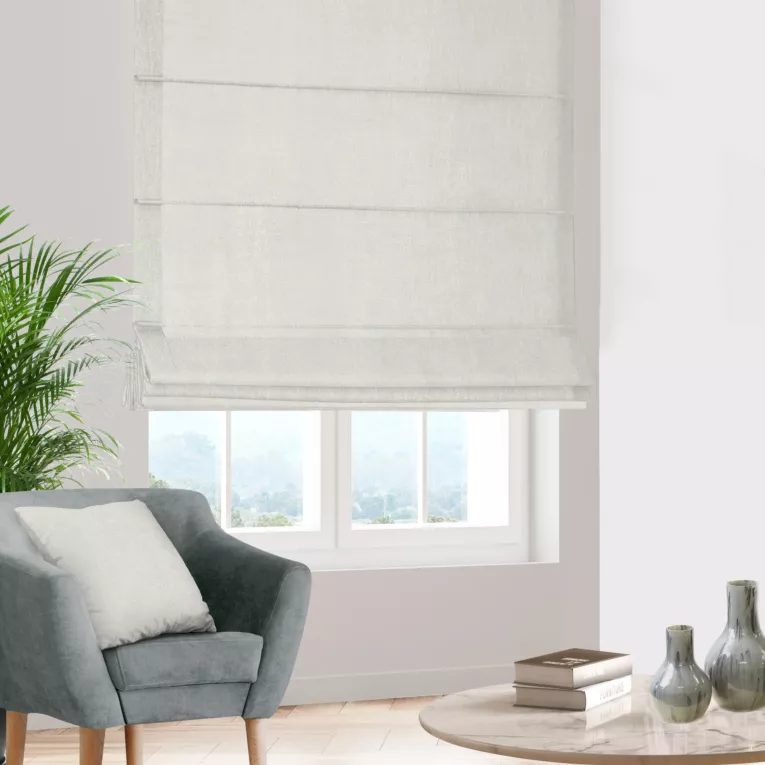 Roleta rzymska naturalno srebrna tkanina o naturalnym splocie z delikatnym połyskiem