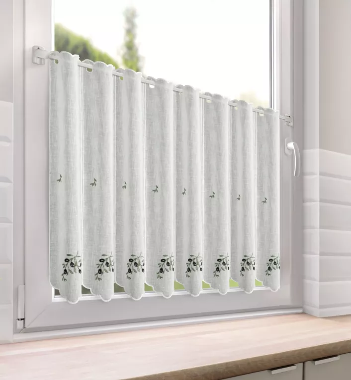 Tkanina firanowa zazdrostka zdobiona haftem gałązki oliwnej Eurofirany