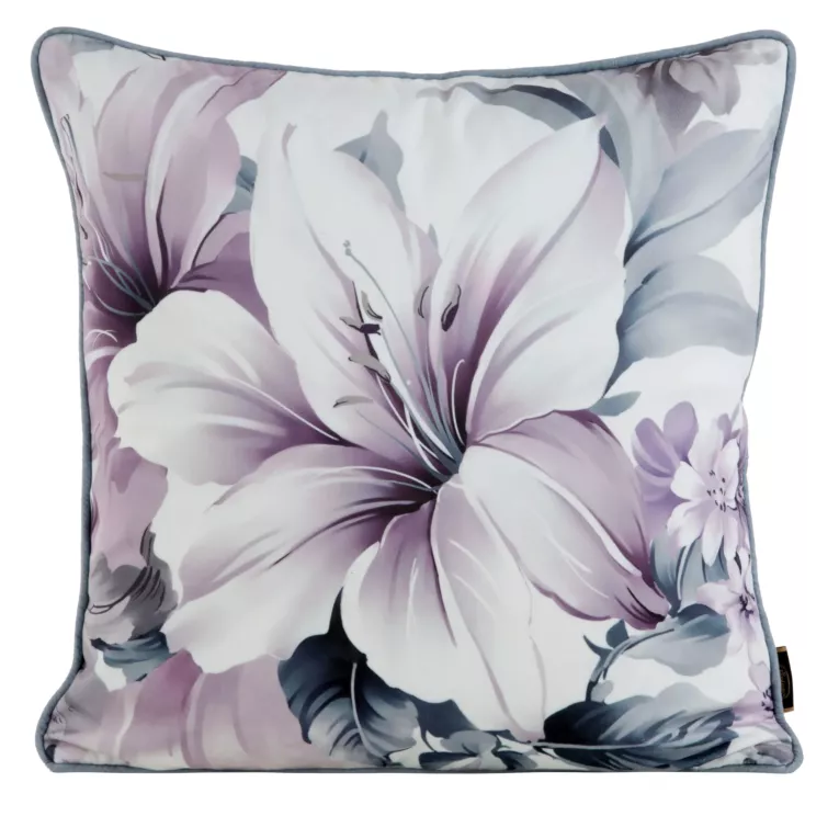 Poszewka na poduszkę 45x45 cm welwetowa dwustronna z motywem kwiatów z wypustką na brzegach kremowo, fioletowa VELVET 122 EUROFIRANY PREMIUM