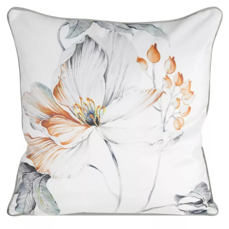 Poszewka na poduszkę dwustronna 60x60 cm welwetowa z motywem roślinnym z wypustką na brzegach biało, pomarańczowa AMELIA EUROFIRANY PREMIUM
