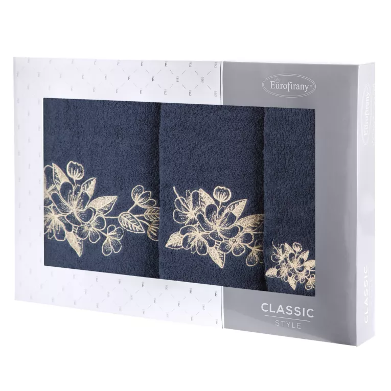 Zestaw ręczników bawełnianych 3 szt kolor granatowy,szampański z haftowanym motywem kwiatu wiśni 400 g/m2 SOFIA Eurofirany