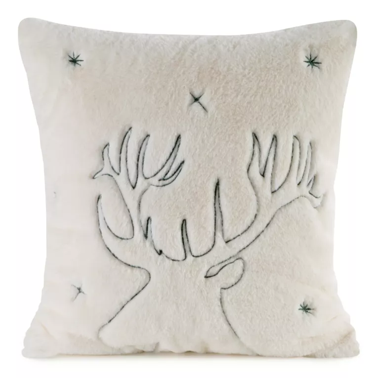 Poszewka na poduszkę 45x45 cm świąteczna z futrzanej tkaniny zdobiona haftem renifera kremowo, zielona DASHER Eurofirany