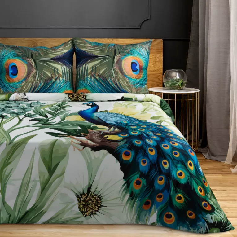 Pościel 220x220 bawełniana kolor biały, zielony zdobiona nadrukiem pawia PAVO Eurofirany Premium