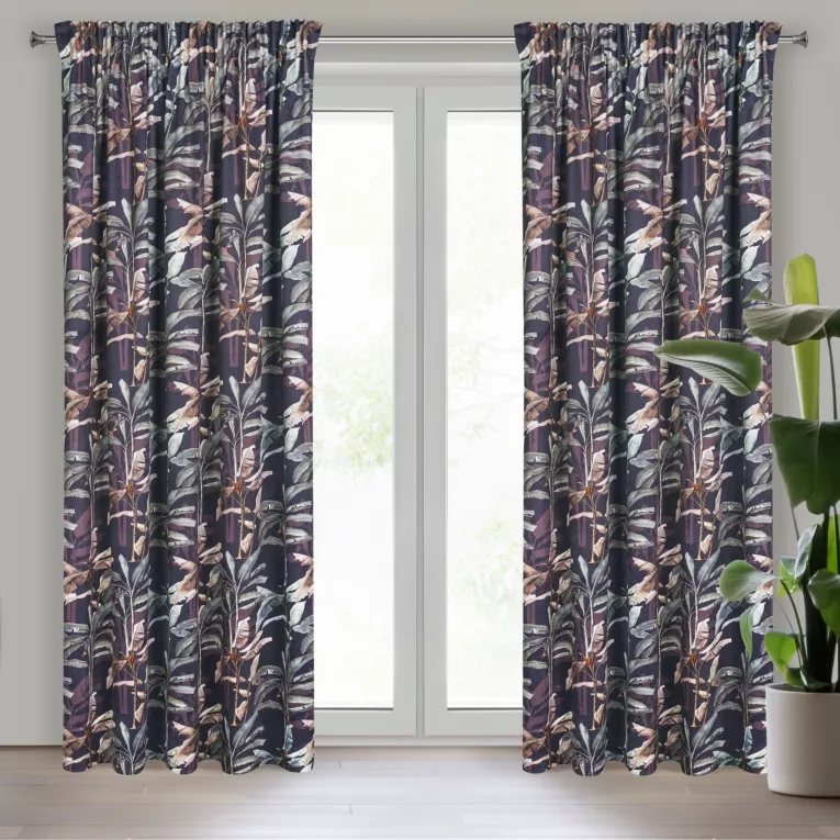 Zasłona grafitowa z nadrukiem w stylu botanic z welwetu 140x270 cm taśma NICOL Eurofirany